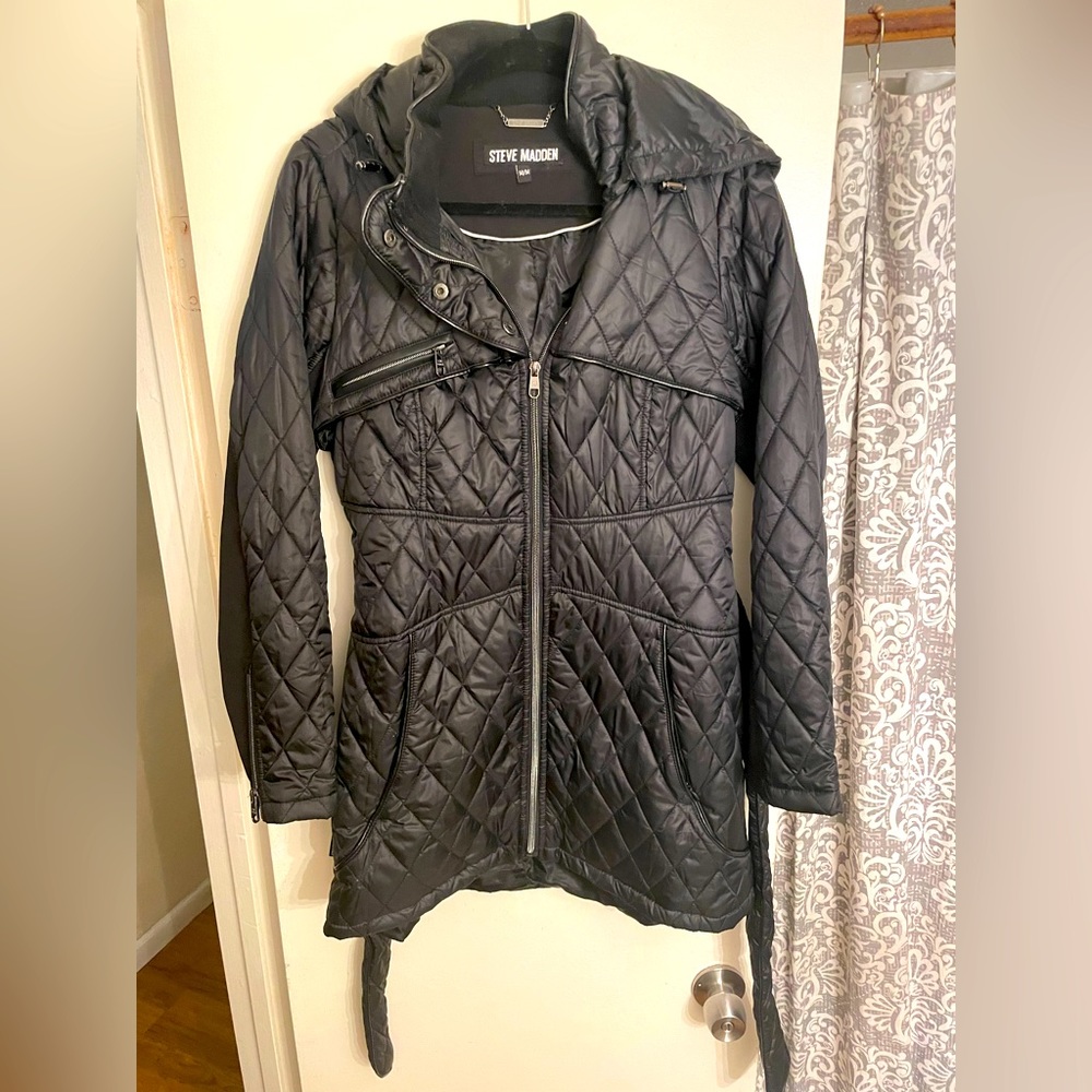 Steve Madden down jacket w/hood .Mid length .        Size Medium. Almost new !!!